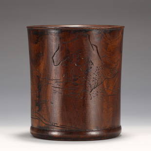 A CHINESE HARDWOOD BRUSH POT: L. 14 cm. H. 16 cm. Weight 750 gram.