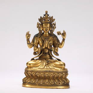 A CHINESE GILT BRONZE FIGURE OF BUDDHA STATUE: L. 20 cm. W. 13 cm. H. 32 cm. Weight 6360 gram.