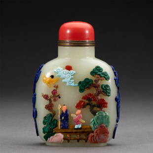 A CHINESE INLAID GEMSTONES WHITE JADE SNUFF BOTTLE: L. 8 cm. W. 4 cm. H. 12 cm. Weight 470 gram.