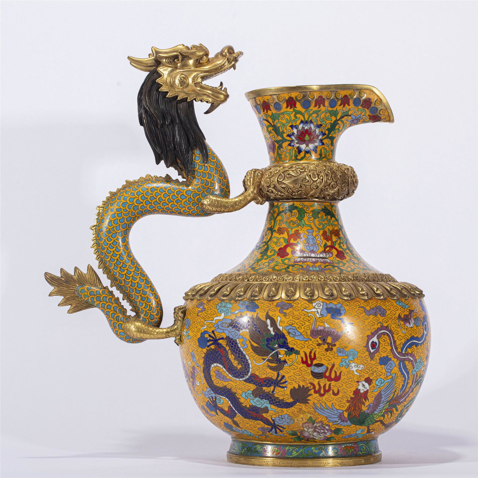 A CHINESE CLOISONNE ENAMEL FLOWER DRAGON HANDLE EWER (1 of 10)
