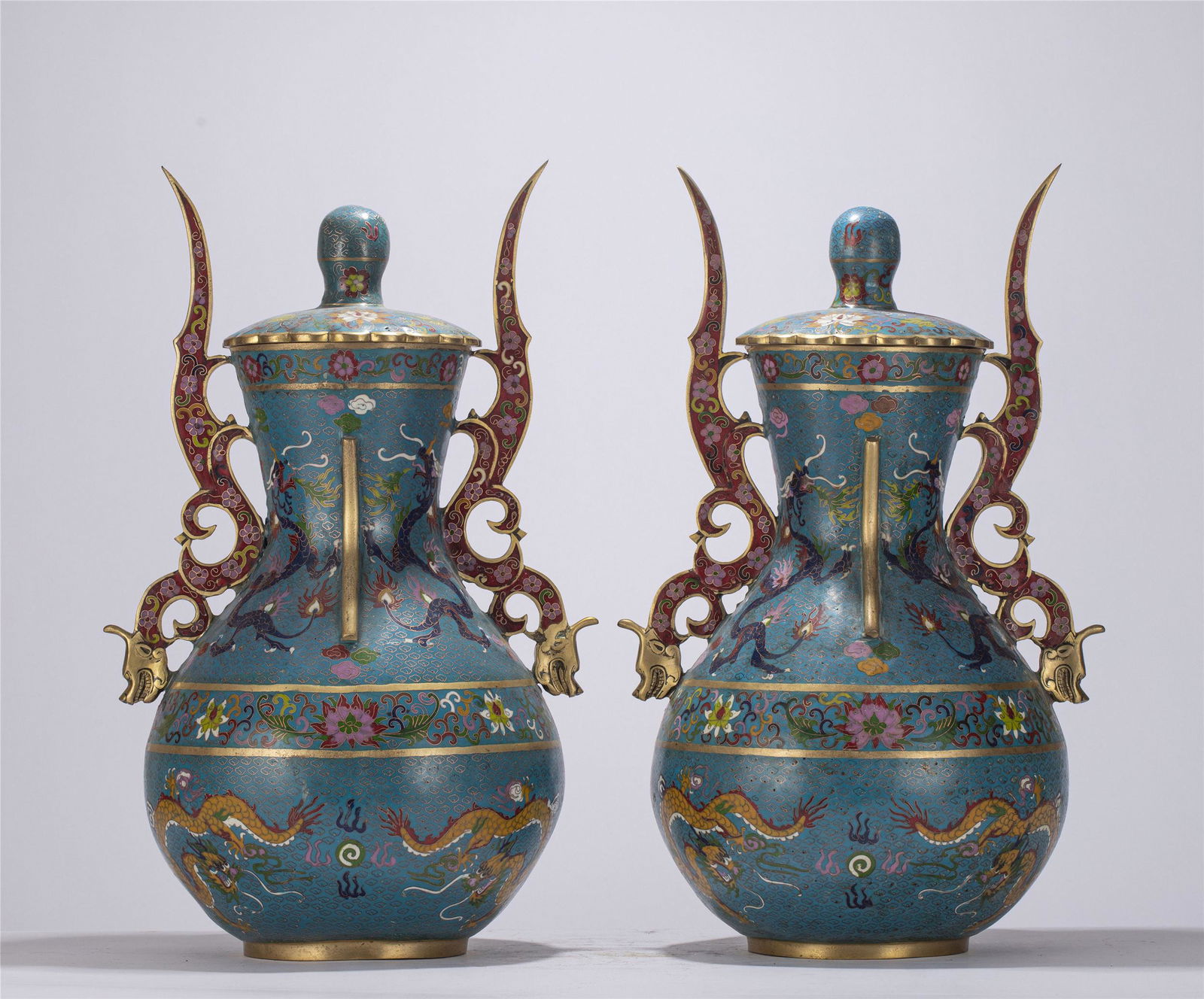 A PAIR OF CHINESE GILT BRONZE CLOISONNE DRAGON VASES (1 of 9)