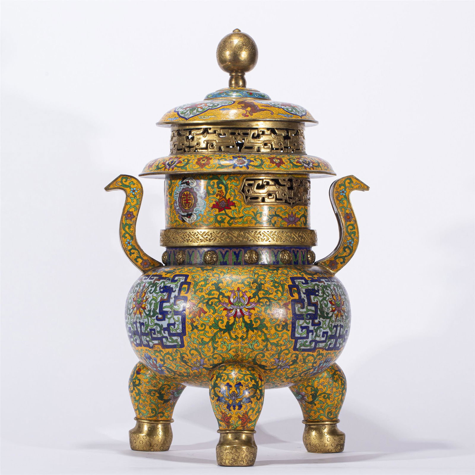 A CHINESE CLOISONNE ENAMEL FLOWER TRIPOD DING CENSER (1 of 10)