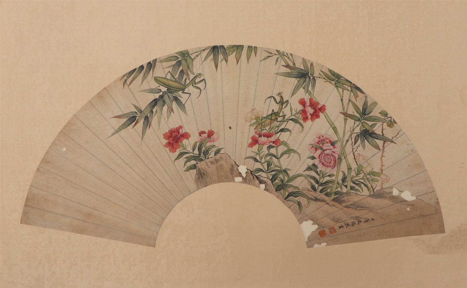 A CHINESE FAN SHAPED PAINTING OF FLOWERS (1 of 3)