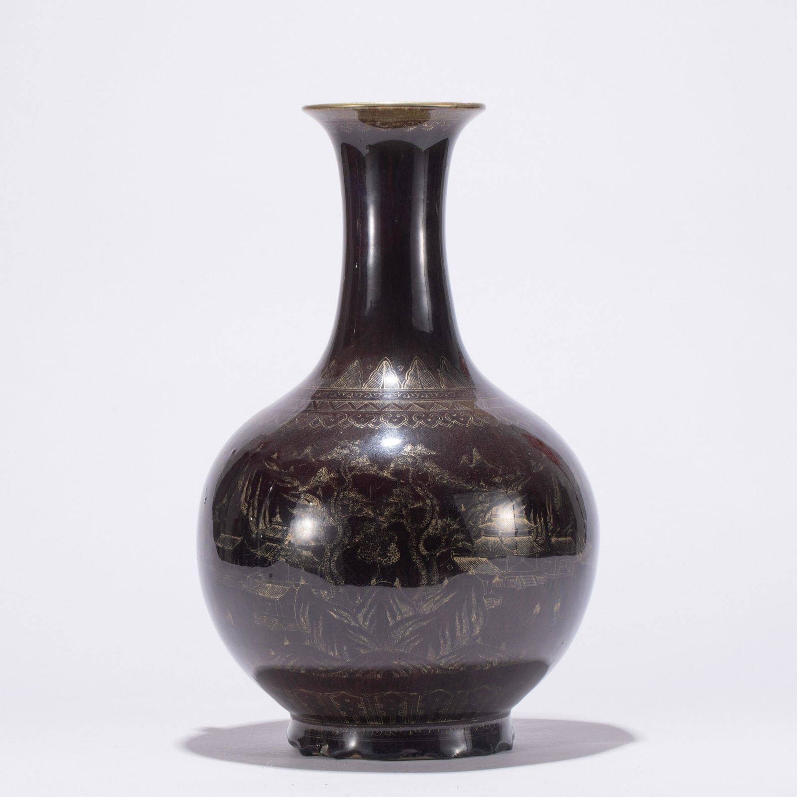 A CHINESE BROWN GLAZE PORCELAIN GOLD PAINTED VIEWS VASE (1 of 10)