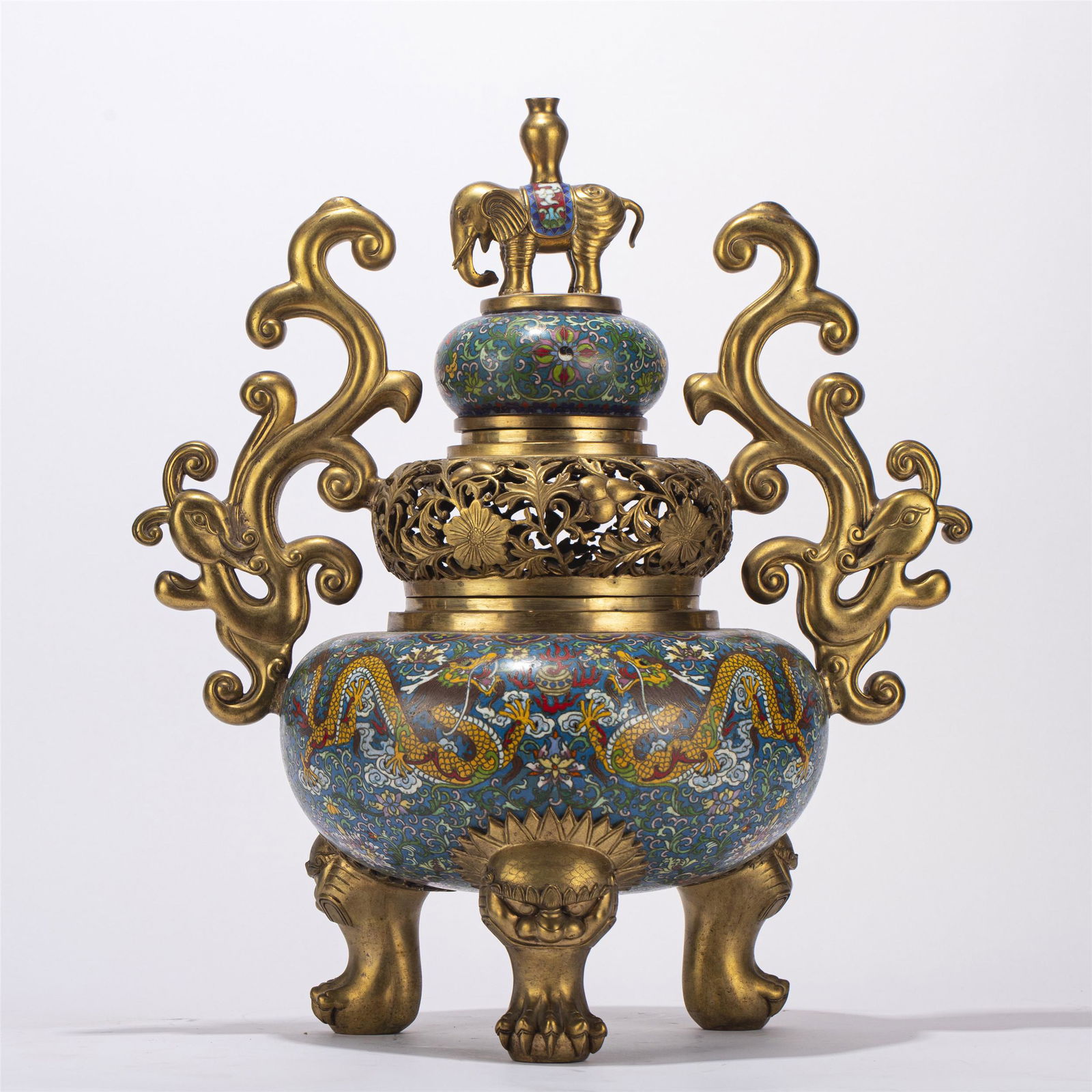 A CHINESE CLOISONNE ENAMEL PHOENIX HANDLE TRIPOD CENSER (1 of 9)