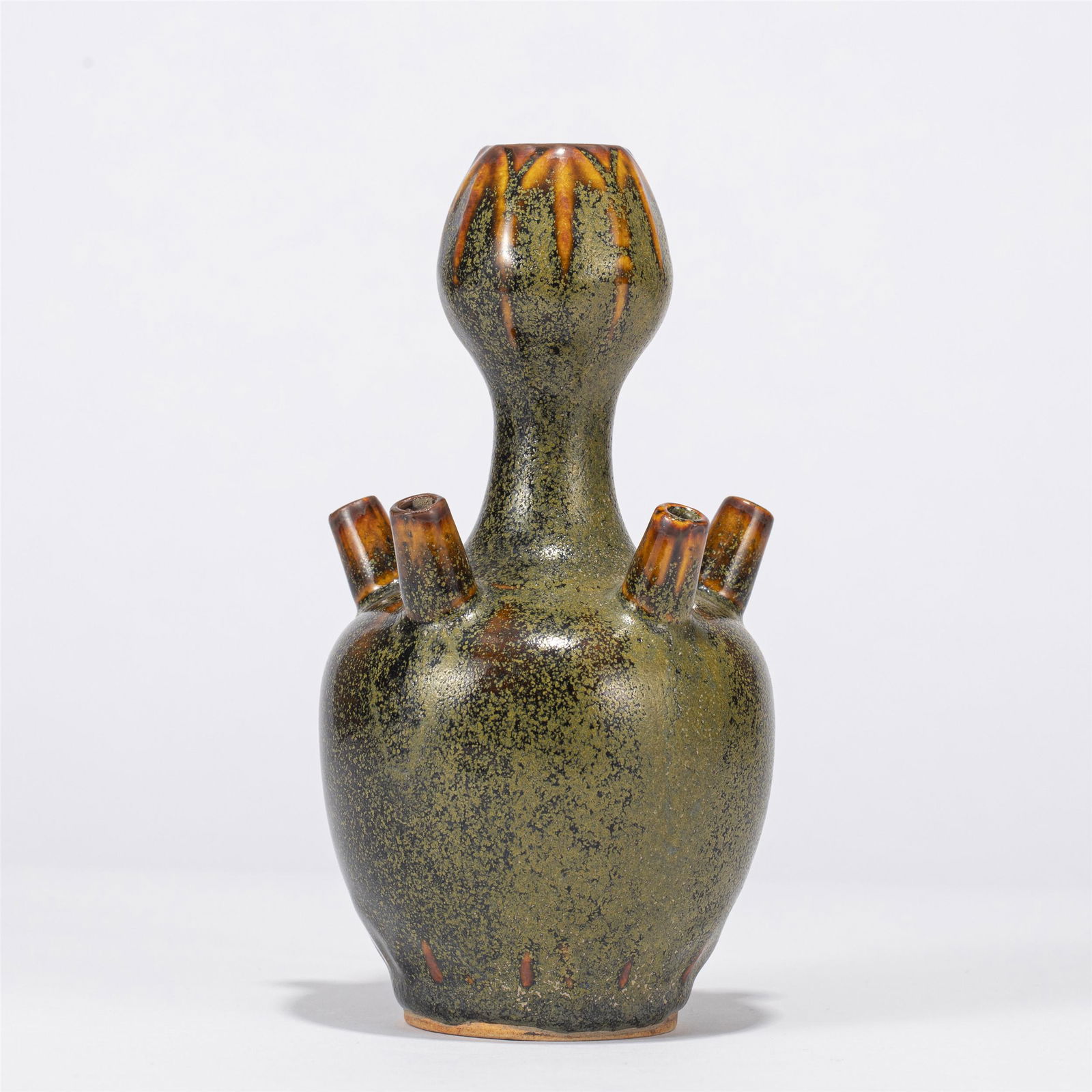 A CHINESE BROWN GLAZE PORCELAIN FIVE TUBE VASE (1 of 10)
