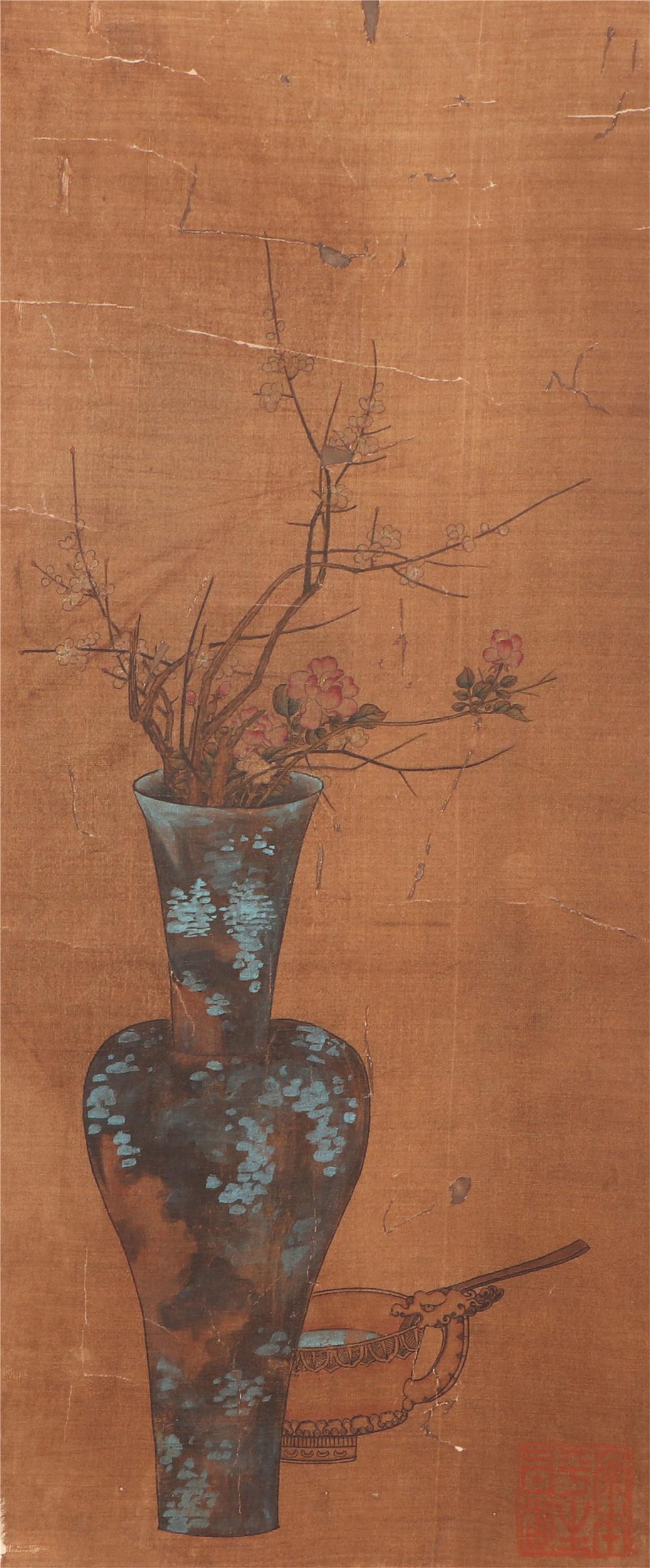 A CHINESE PAINTING OF FLOWERS AND VASE: Image only size 39 cm by 16 cm.