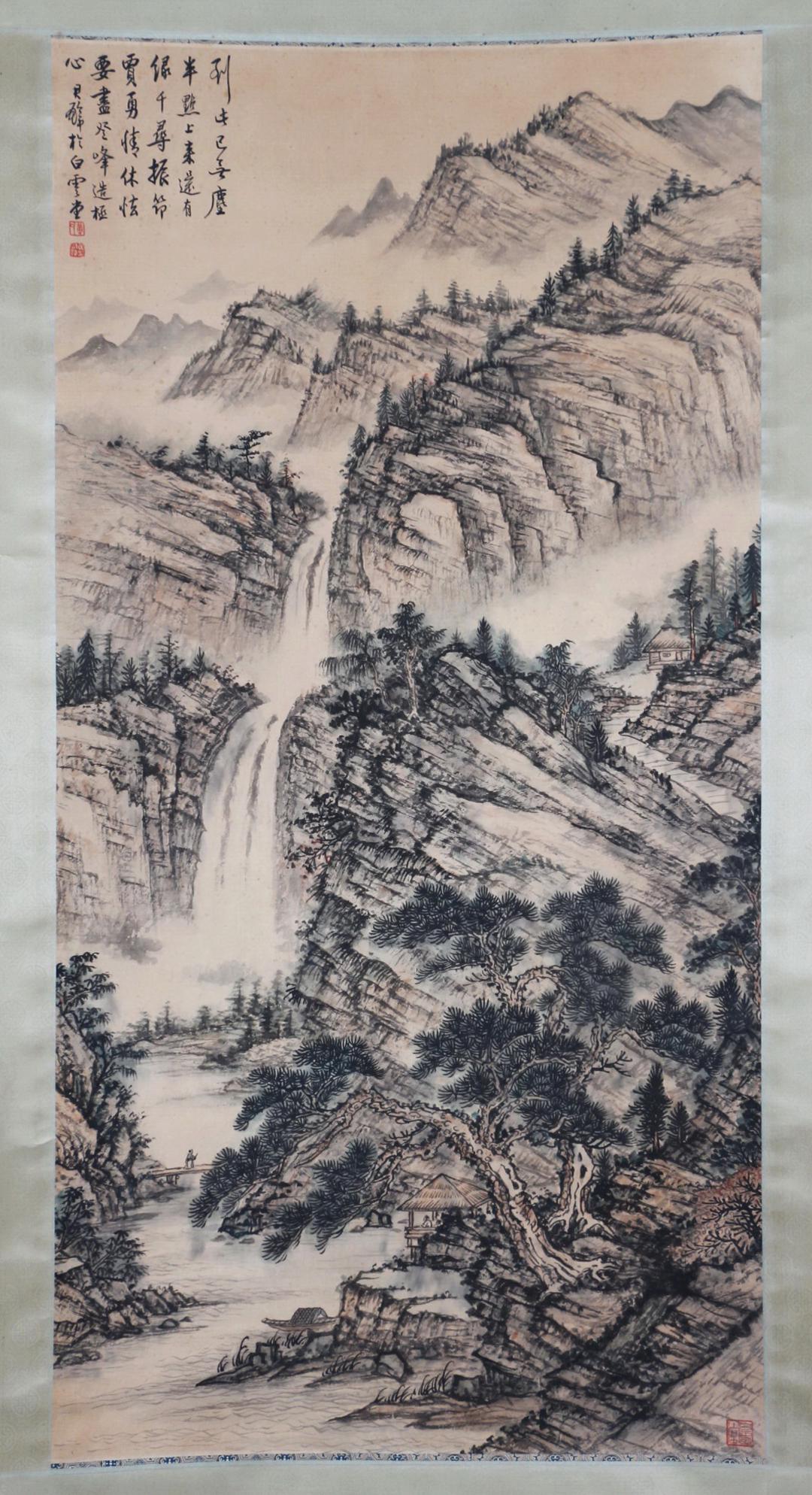 A CHINESE PAINTING OF WATERFALL AND MOUNTAINS LANDSCAPE (1 of 8)