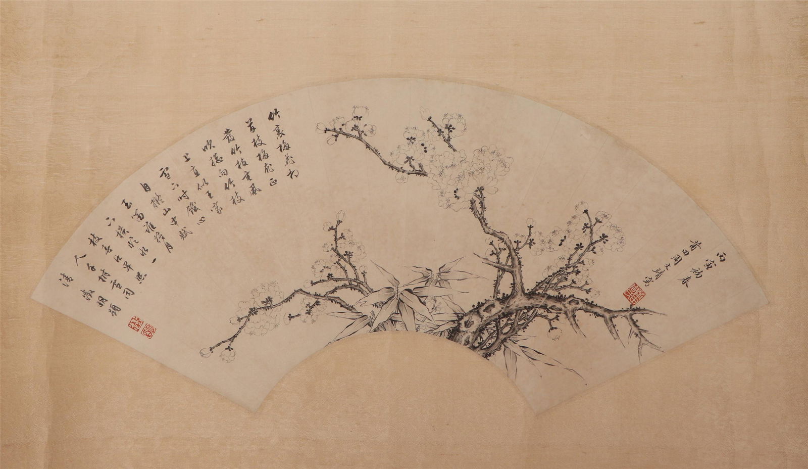 A CHINESE FAN SHAPED PAINTING OF FLOWERS (1 of 3)