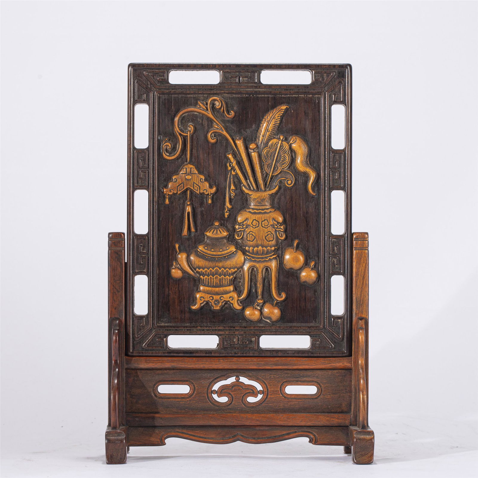 A CHINESE HARDWOOD INLAID BOXWOOD TABLE SCREEN (1 of 11)