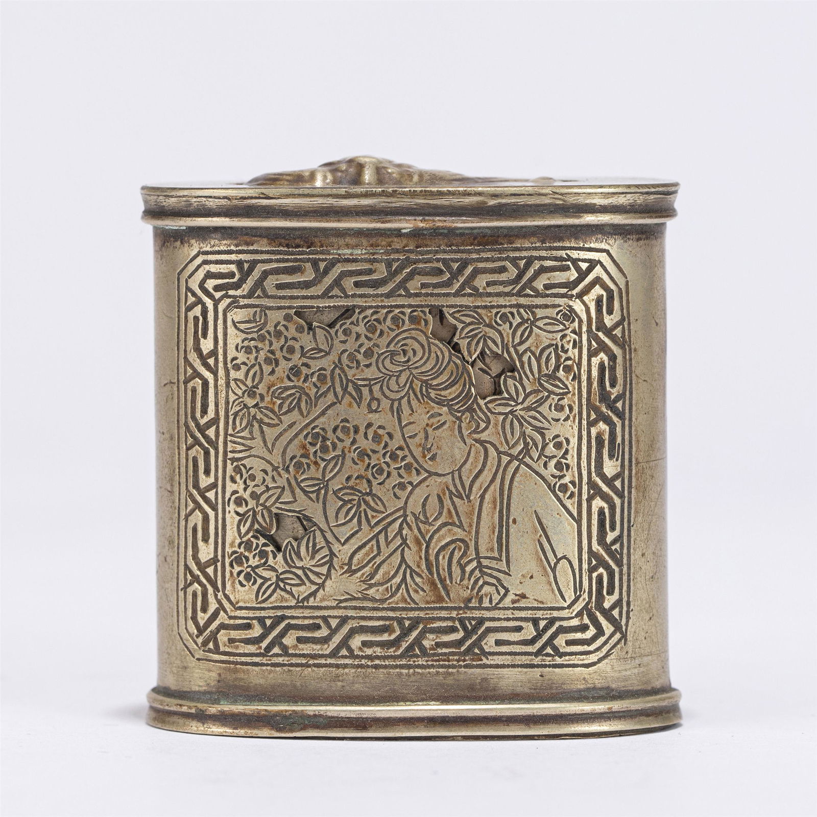 A CHINESE WHITE BRONZE CARVED FIGURE BOX (1 of 8)