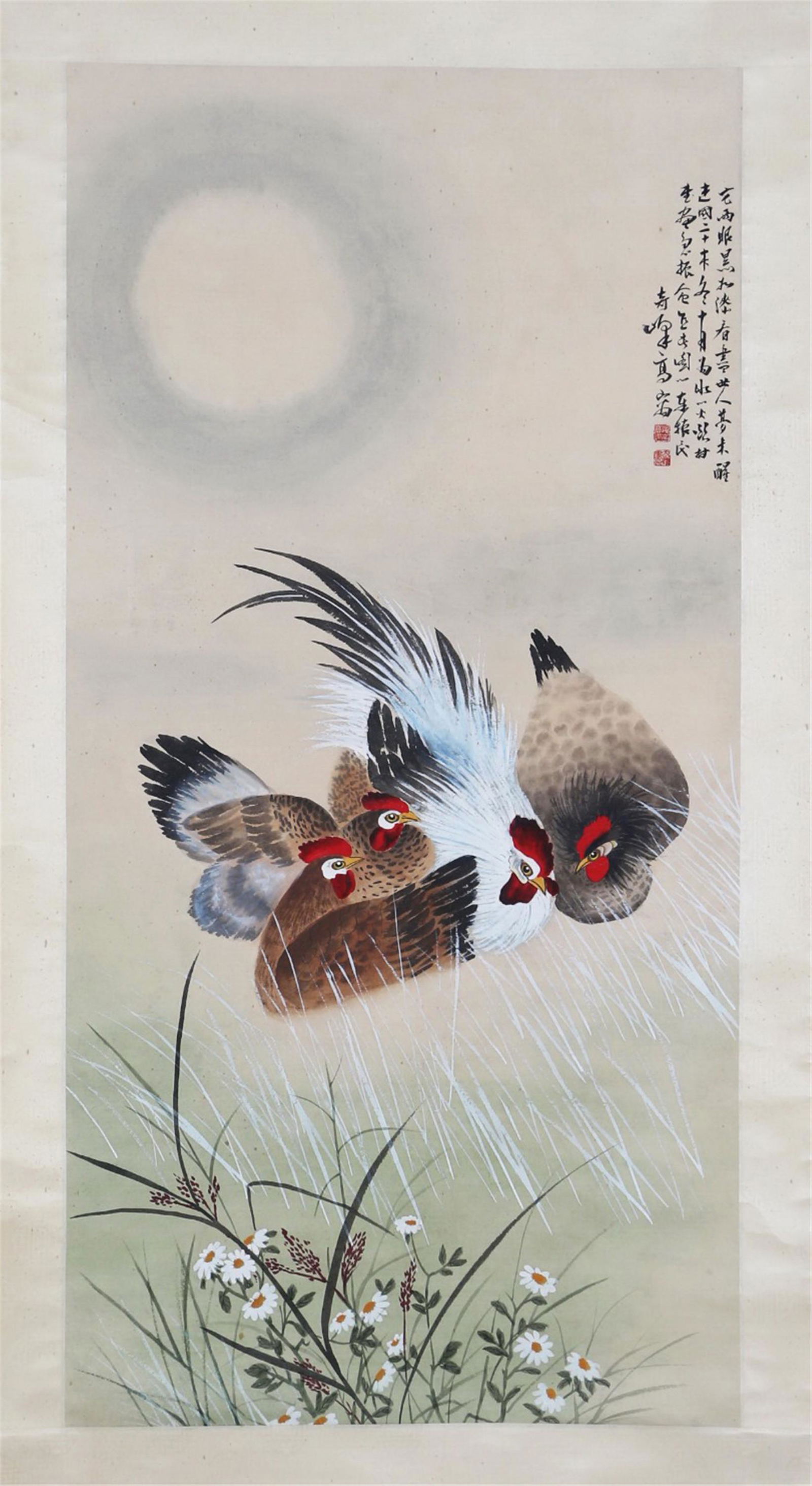 A CHINESE PAINTING OF CHICKENS: Image only size 136 cm by 65 cm.