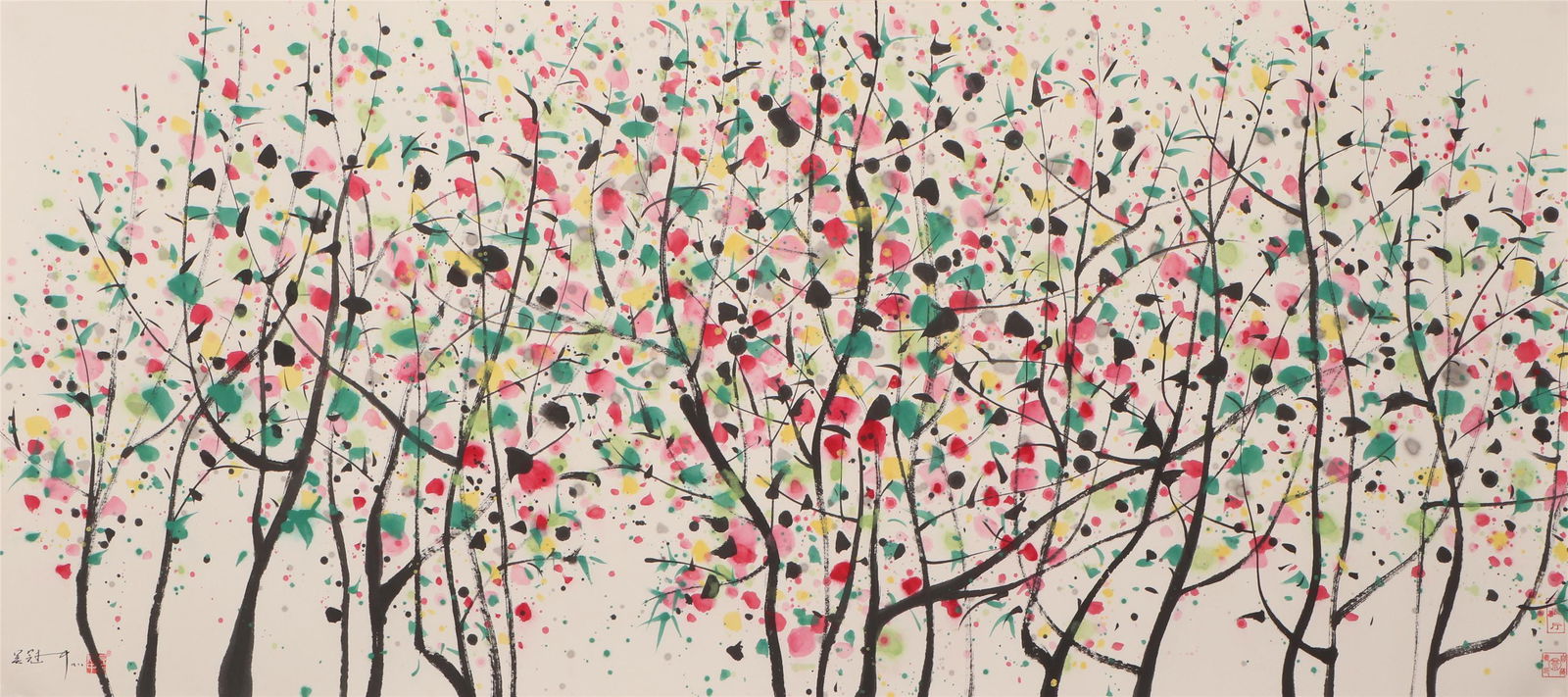 A CHINESE PAINTING OF TREES: Image only size 80 cm by 180 cm.