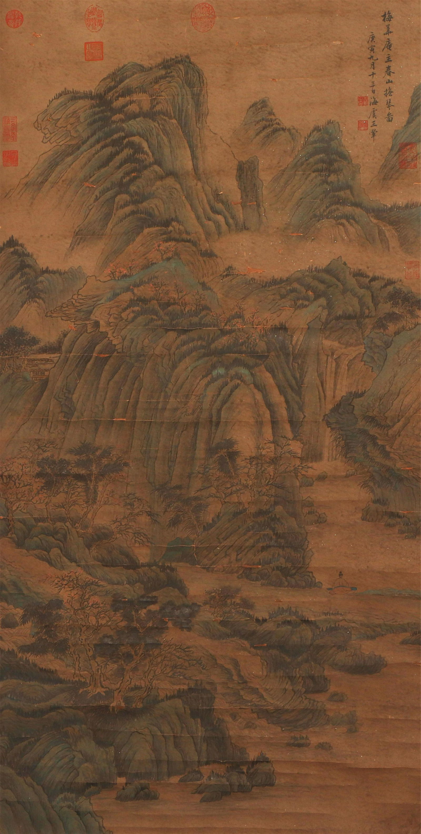 A CHINESE PAINTING OF MOUNTAINS LANDSCAPE: Image only size 130 cm by 65 cm.