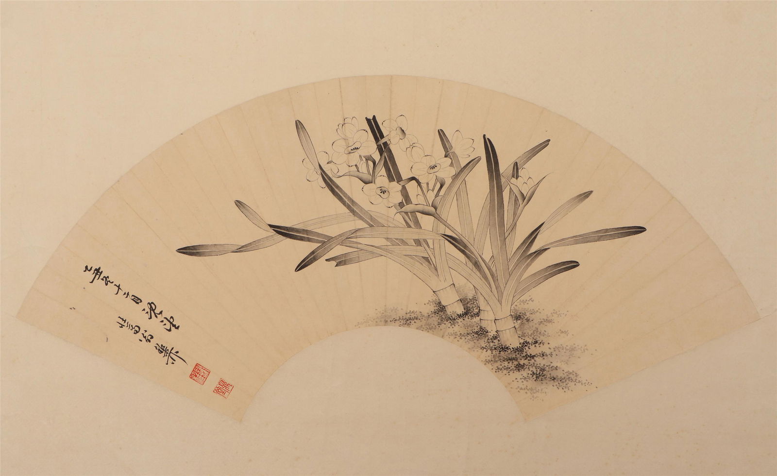A CHINESE FAN SHAPED PAINTING OF FLOWERS (1 of 4)