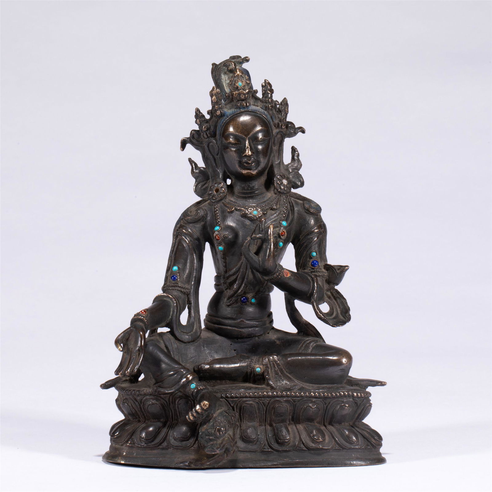 A CHINESE BRONZE INLAID TURQUOISE FIGURE OF BUDDHA STATUE (1 of 10)