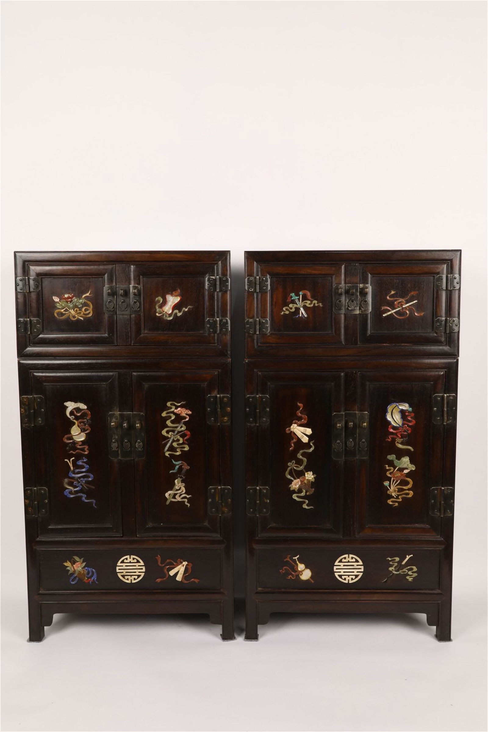 A PAIR OF CHINESE ZITAN INLAID GEMSTONES EIGHT IMMORTALS CABINETS (1 of 9)