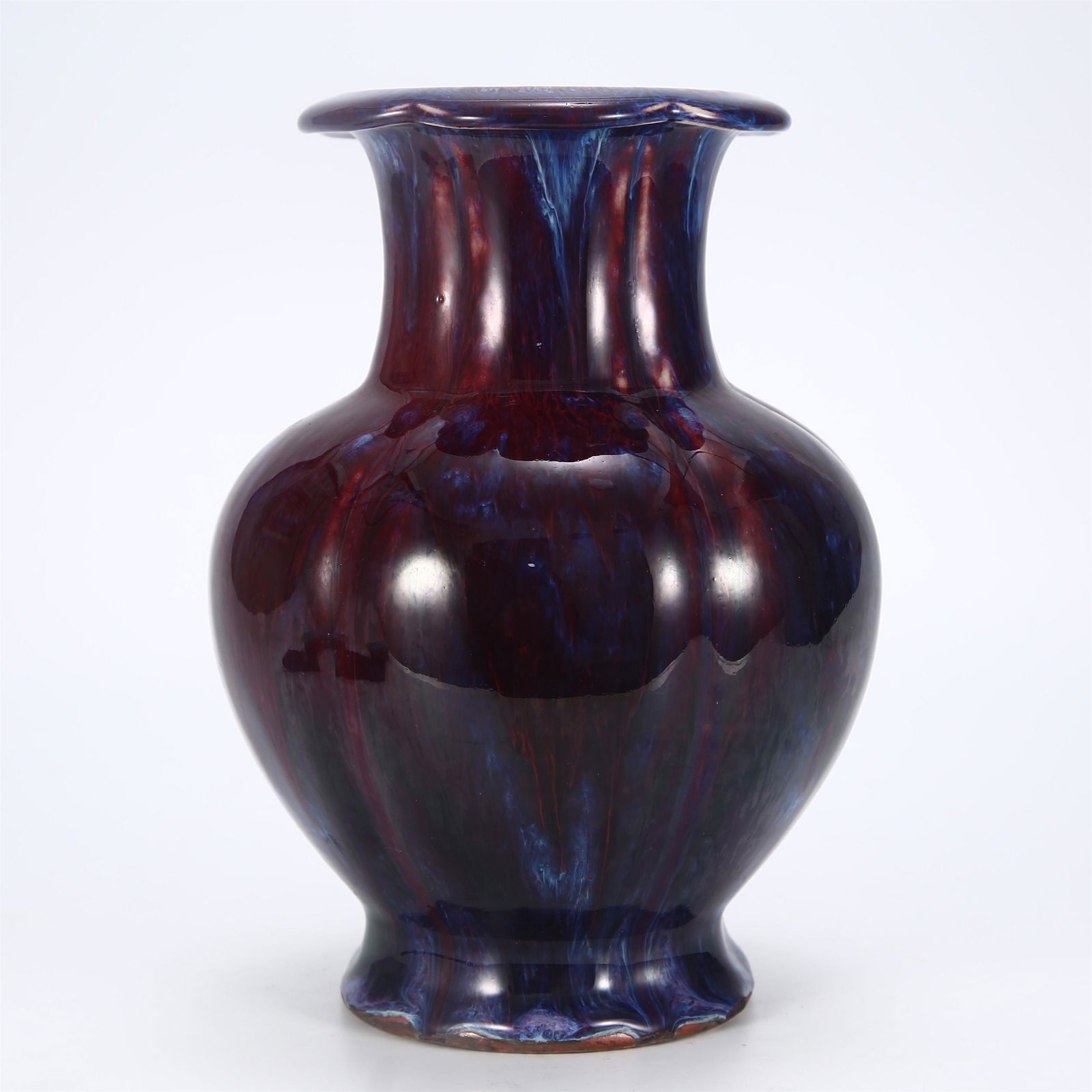 A CHINESE FLAMBE GLAZED PORCELAIN MELON SHAPED VIEWS VASE (1 of 9)
