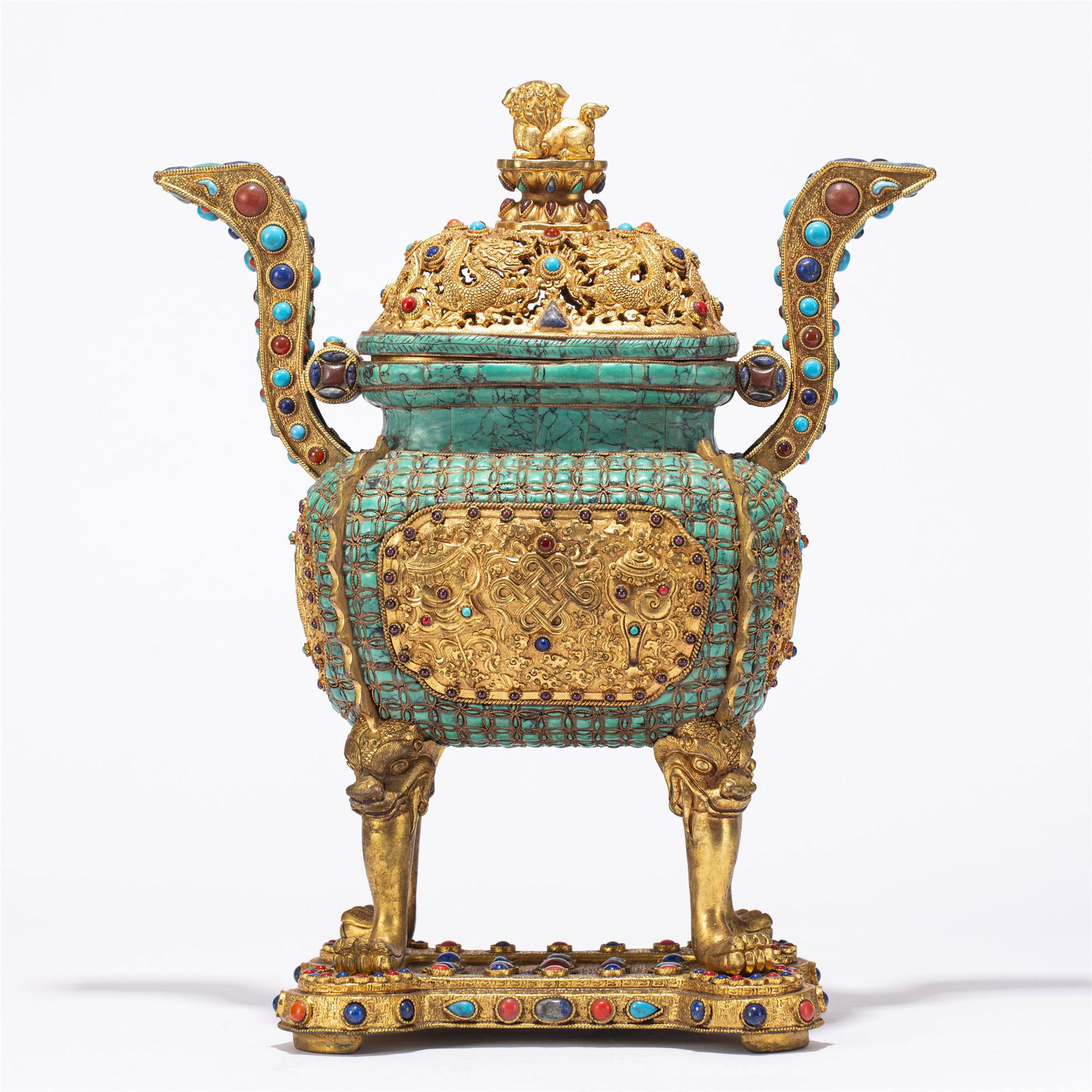A CHINESE GILT BRONZE INLAID GEMSTONES DING STYLE CENSER (1 of 12)