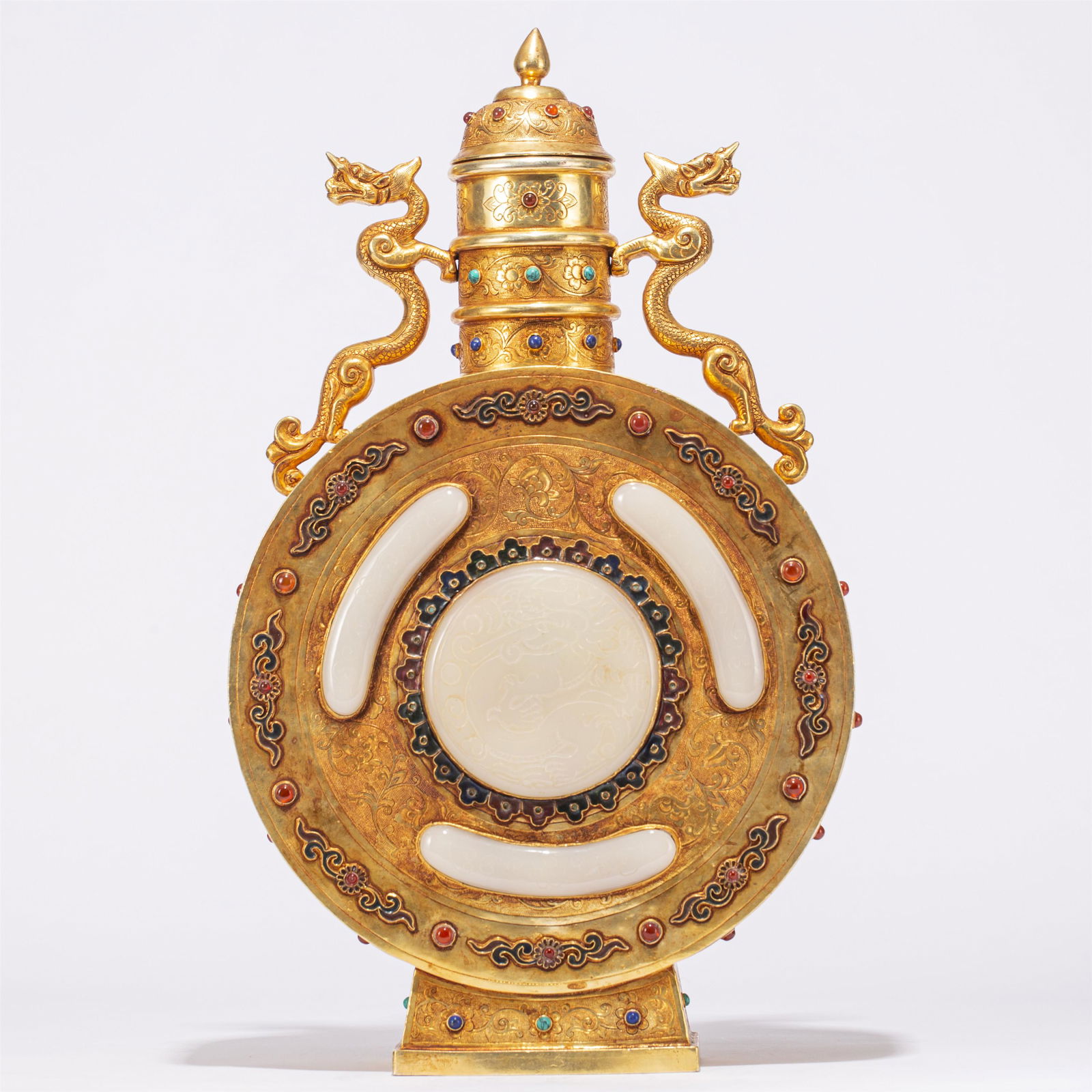 A CHINESE GILT BRONZE INLAID JADE POT (1 of 10)