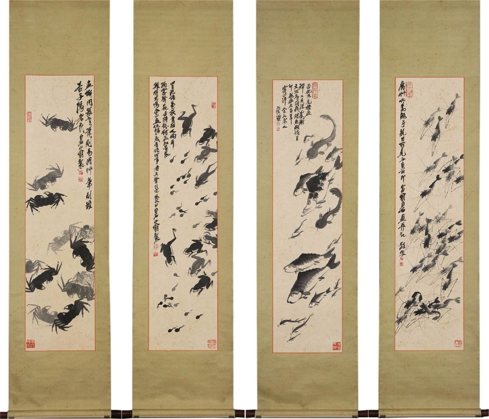 FOUR PANELS CHINESE PAINTING OF FISH SHRIMP FROG AND CRAB (1 of 9)