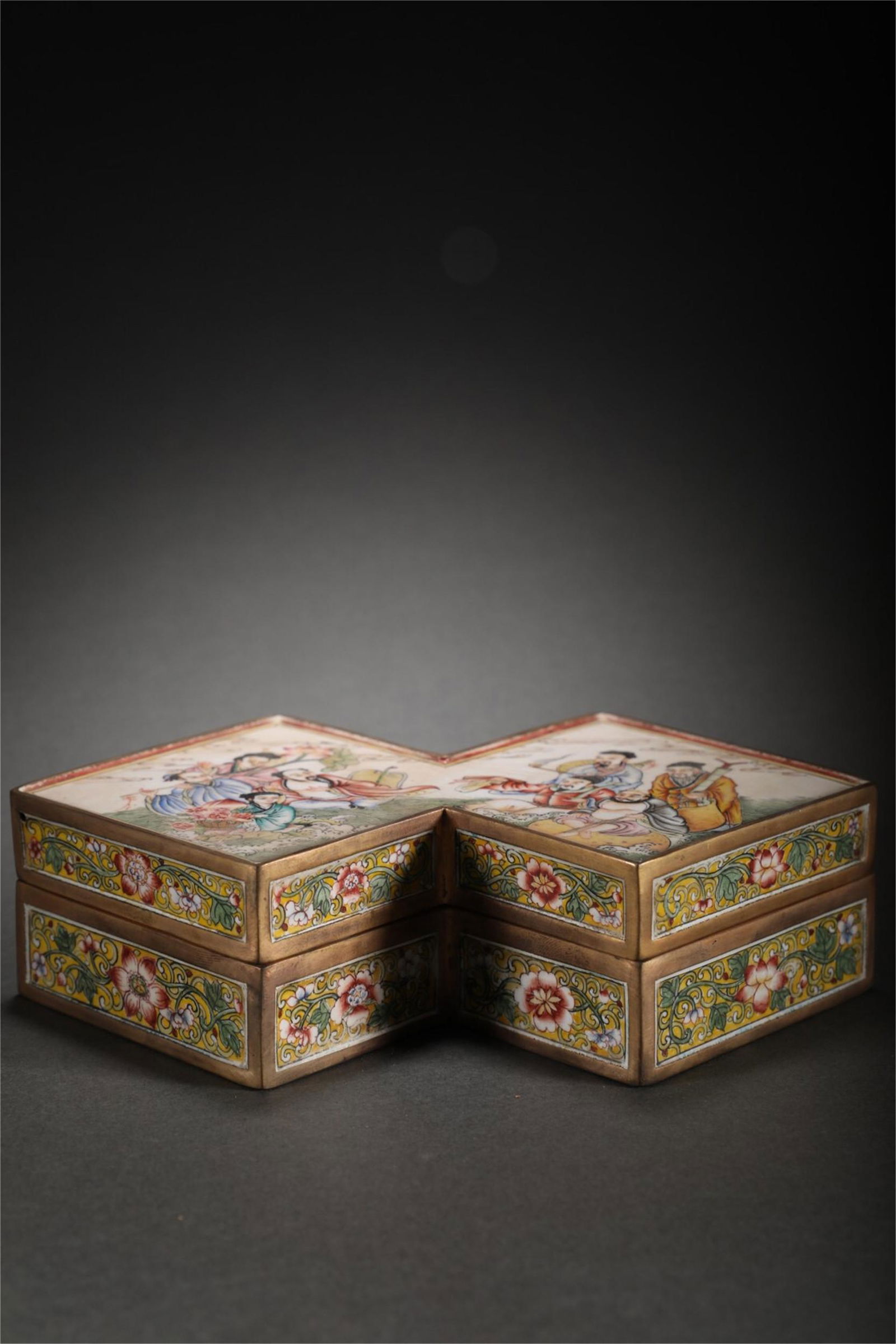 A CHINESE ENAMEL FLOWER FIGURE STORY LIDDED BOX (1 of 9)