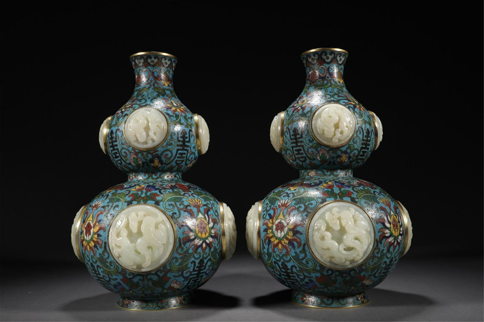 A PAIR OF CHINESE CLOISONNE ENTWINE BRANCHES INLAID JADE DOUBLE GOURDS VASES (1 of 9)