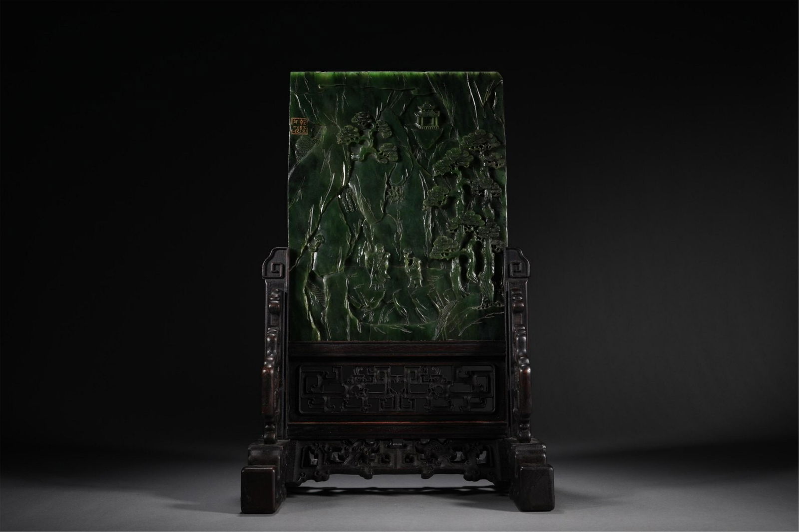 A CHINESE JASPER CARVED FIGURE STORY TABLE SCREEN (1 of 9)