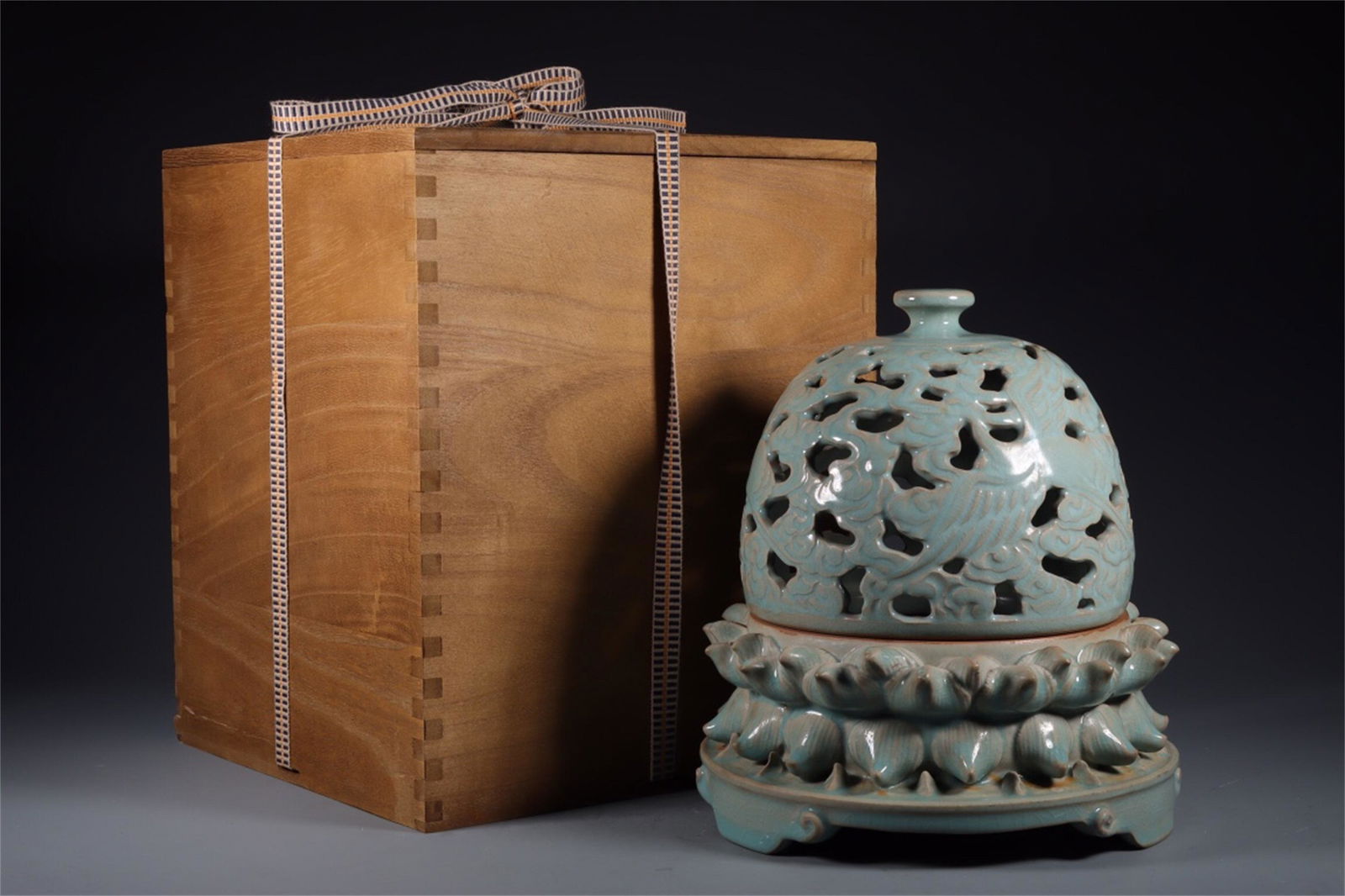 A Chinese Celadon Glazed Porcelain Incense Burner with Wood Box (1 of 9)