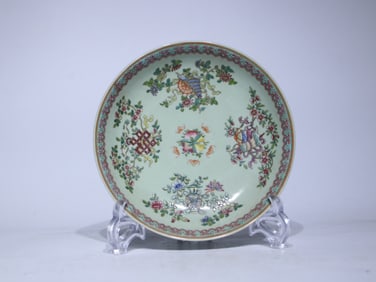 A Chinese Celadon Ground Famille-Rose Porcelain Plate