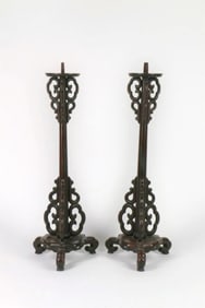 Pair of Chinese Carved Wood Candle Holders