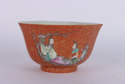 A Chinese Iron-Red Ground Famille-Rose Porcelain Bowl