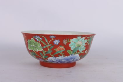A Chinese Coral-Red Ground Famille-Rose Porcelain Bowl