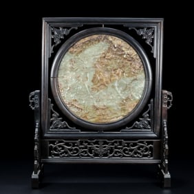 A Chinese Carved Jade Table Screen with Hardwood Stand