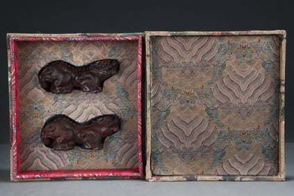 A Pair of Chinese Carved Agar-Wood Foo-Dog Statuettes
