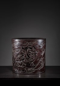 A Chinese Carved Hard Wood Brush Pot