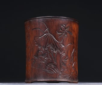A Chinese Carved Hardwood Brush Pot