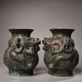 A Pair of Chinese Bronze Foo-Dog Vases