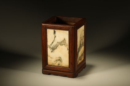 A Chinese Carved Hardwood Brush Pot with Marble Inlaid