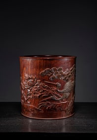 A Chinese Carved Hardwood Brush Pot
