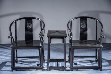 A Set of Chinese Carved Hardwood Chairs and Side Table