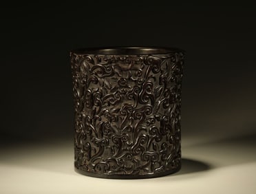 A Chinese Carved Hardwood Brush Pot