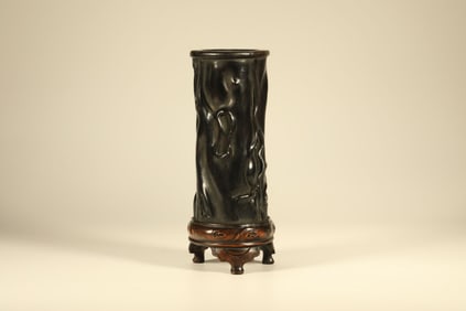 A Chinese Carved Hardwood Brush Pot