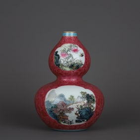 A Chinese Coral-Red Ground Famille-Rose Porcelain Double Gourd Vase