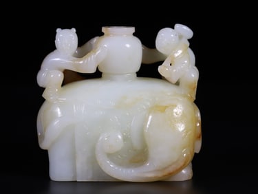 A Chinese Carved Jade Elaphant and Boys Decoration