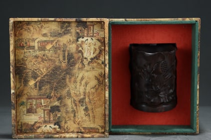 A Chinese Carved Hardwood Brush Pot