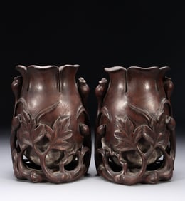 A Pair of Chinese Carved Hardwood Vases