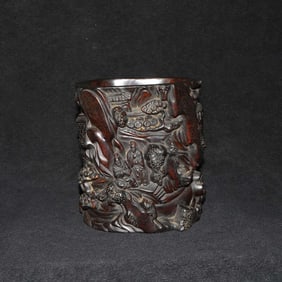 A Chinese Carved Hardwood Brush Pot