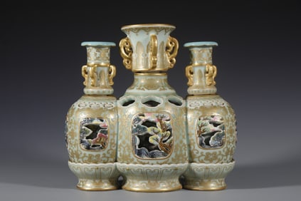 A Chinese Celadon Glazed Porcelain Triple-Vase