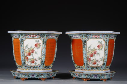 A Pair of Chinese Enamel Glazed Porcelain Planter with Stand